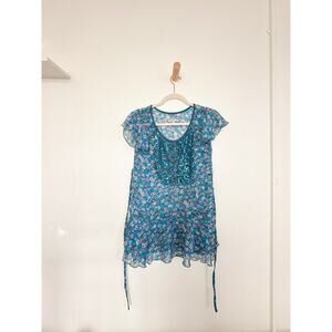 Charlotte Russe Y2K Blue Floral Sequin Blouse XS Sheer Mesh Fairycore Boho Top